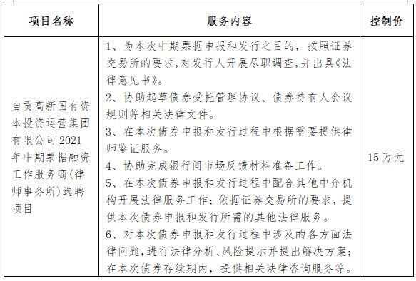 自貢高新國(guó)有資本投資運(yùn)營(yíng)集團(tuán)有限公司2021年中期票據(jù)融資工作服務(wù)商(律師事務(wù)所)選聘項(xiàng)目公開(kāi)比選公告