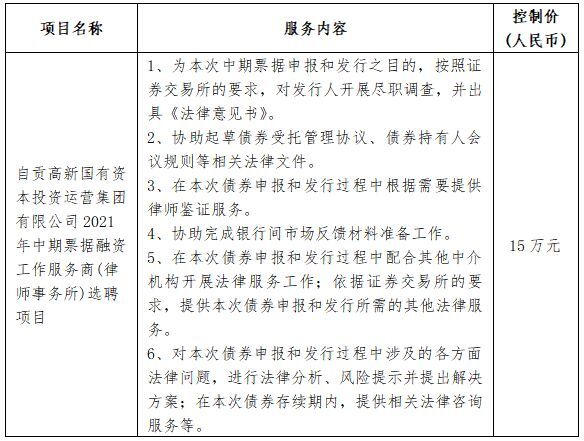 自貢高新國有資本投資運(yùn)營集團(tuán)有限公司2021年中期票據(jù)融資工作服務(wù)商(律師事務(wù)所)選聘項(xiàng)目(第二次) 公開比選公告